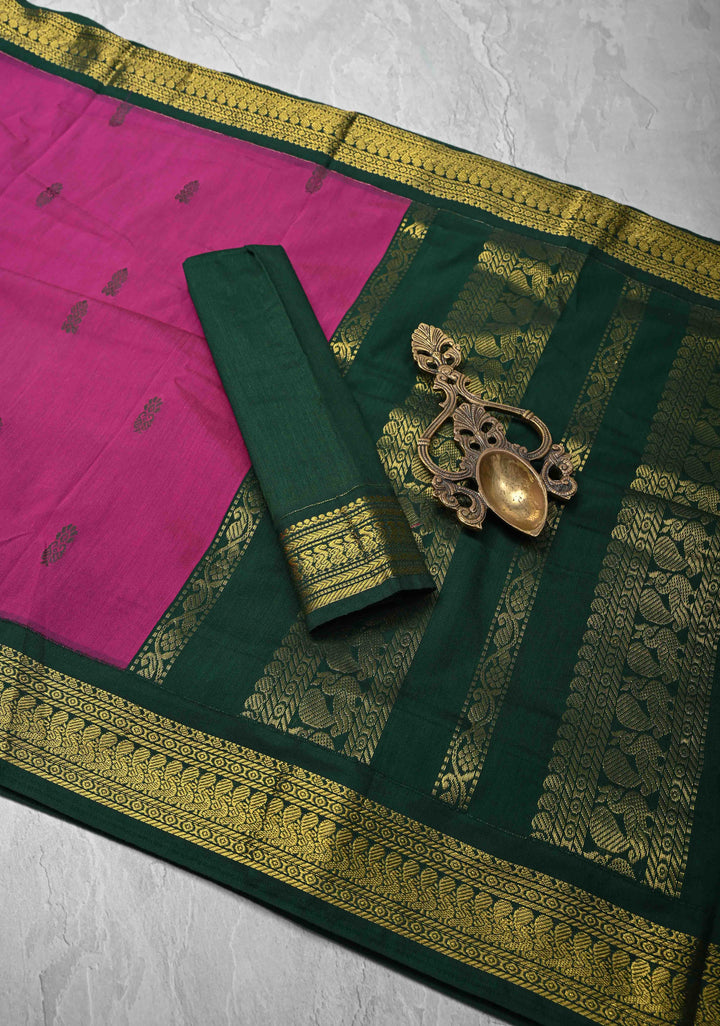 Magenta Venkatagiri Cotton Silk Saree with Thread buttas and Green zari borders