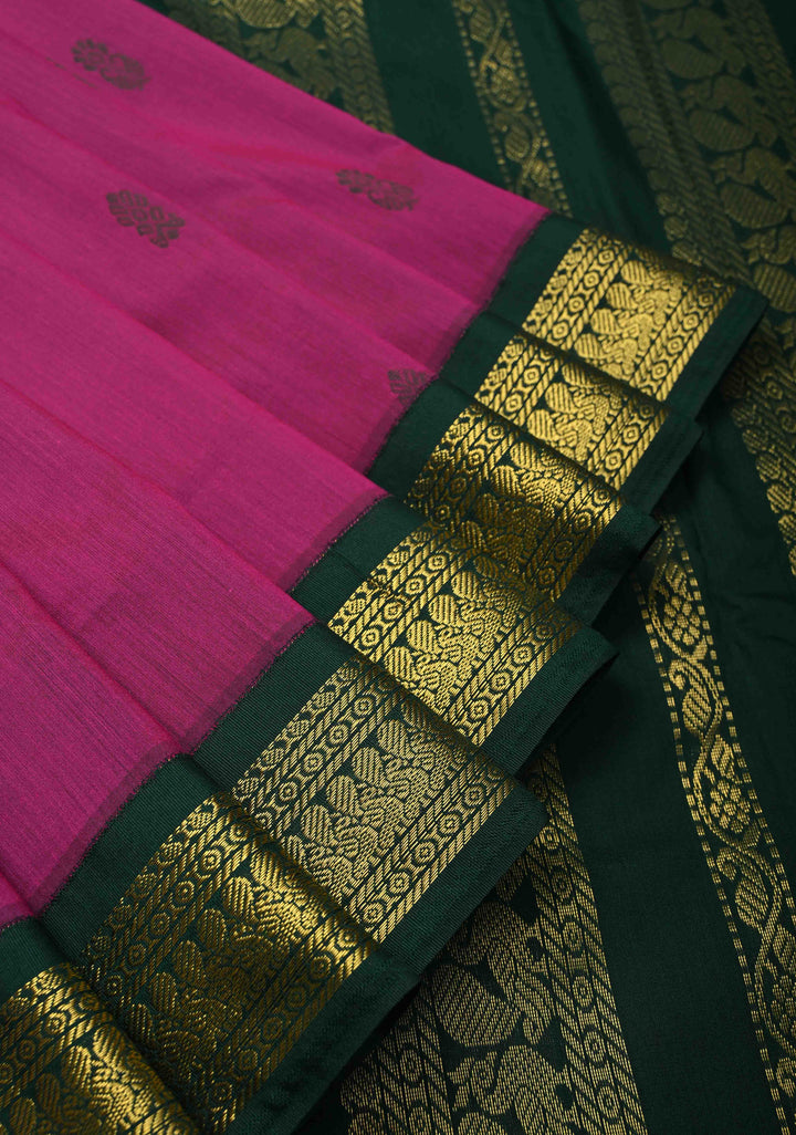 Magenta Venkatagiri Cotton Silk Saree with Thread buttas and Green zari borders