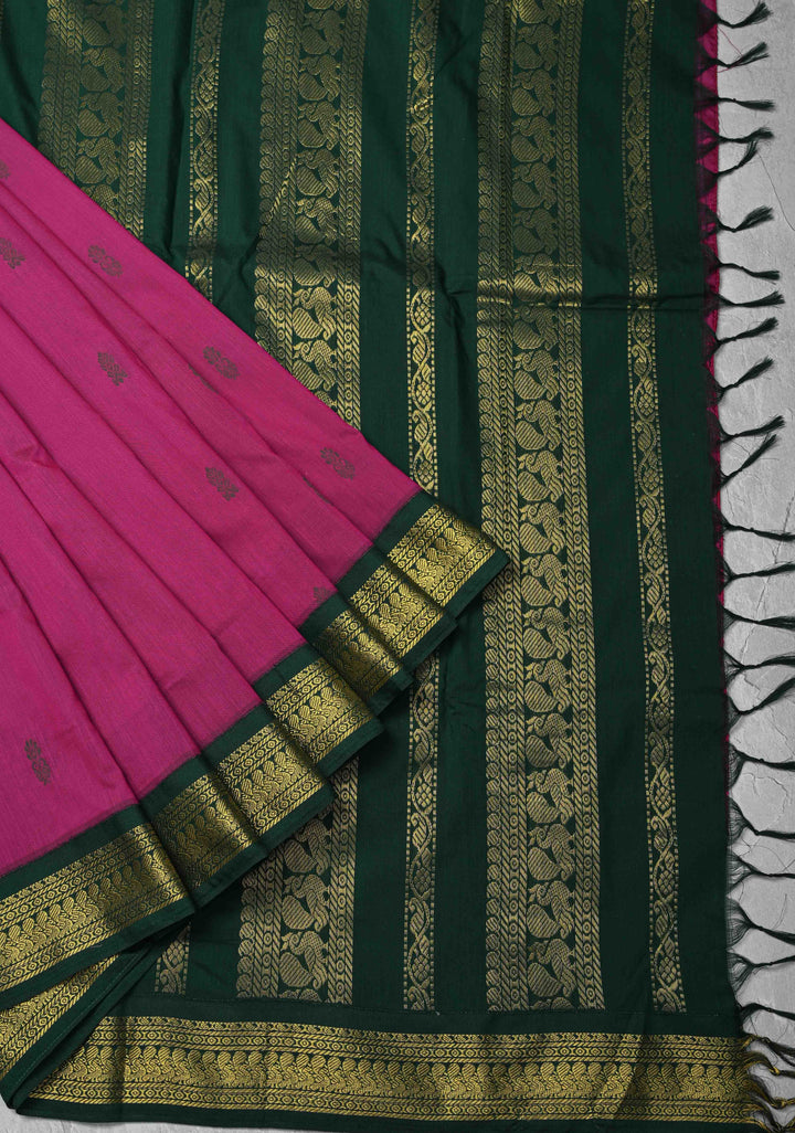 Magenta Venkatagiri Cotton Silk Saree with Thread buttas and Green zari borders