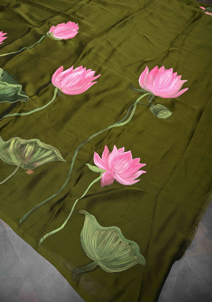 Olive Green Shimmer Organza  Saree with Blooming Lotus Handpainting
