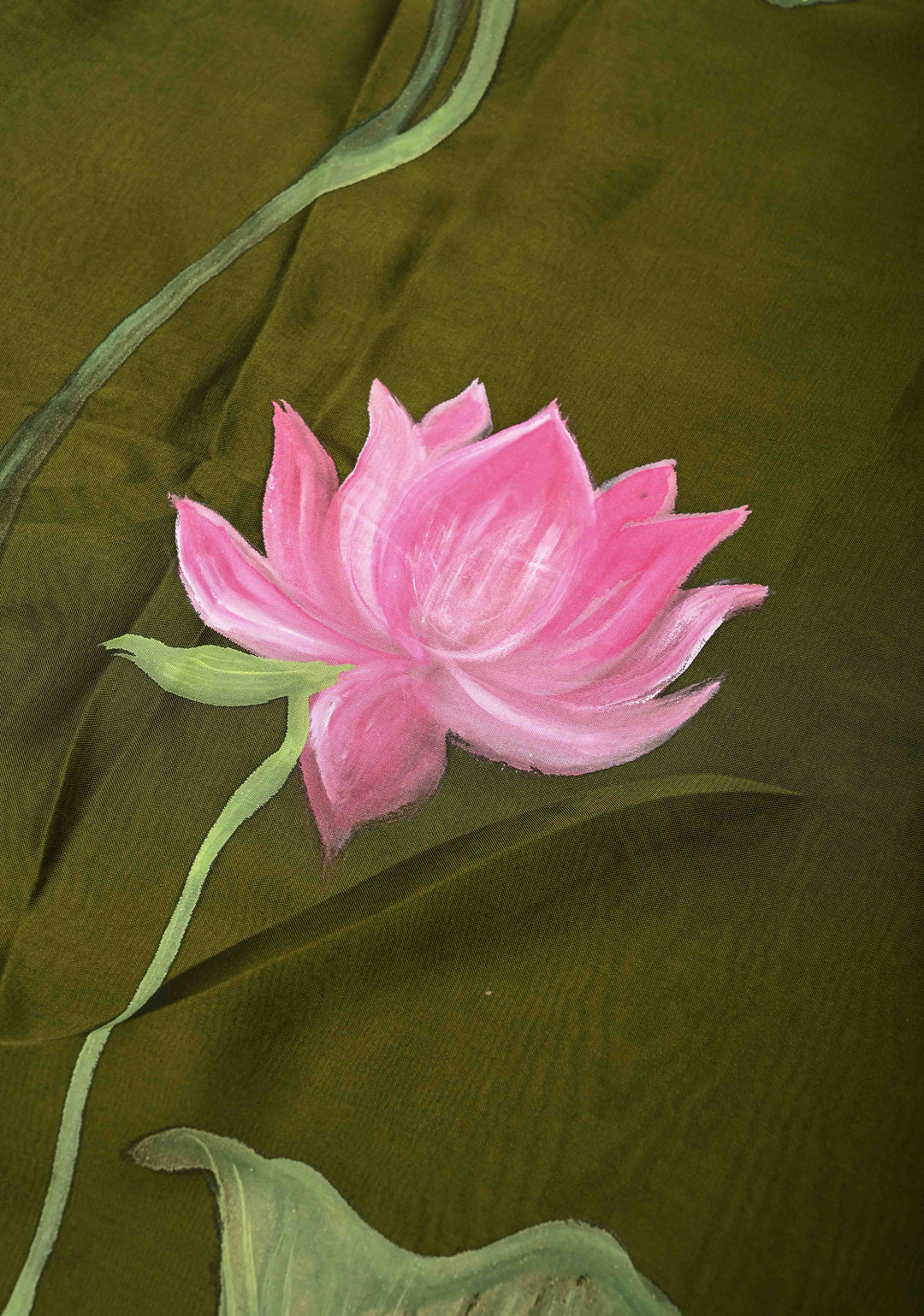 Olive Green Shimmer Organza  Saree with Blooming Lotus Handpainting
