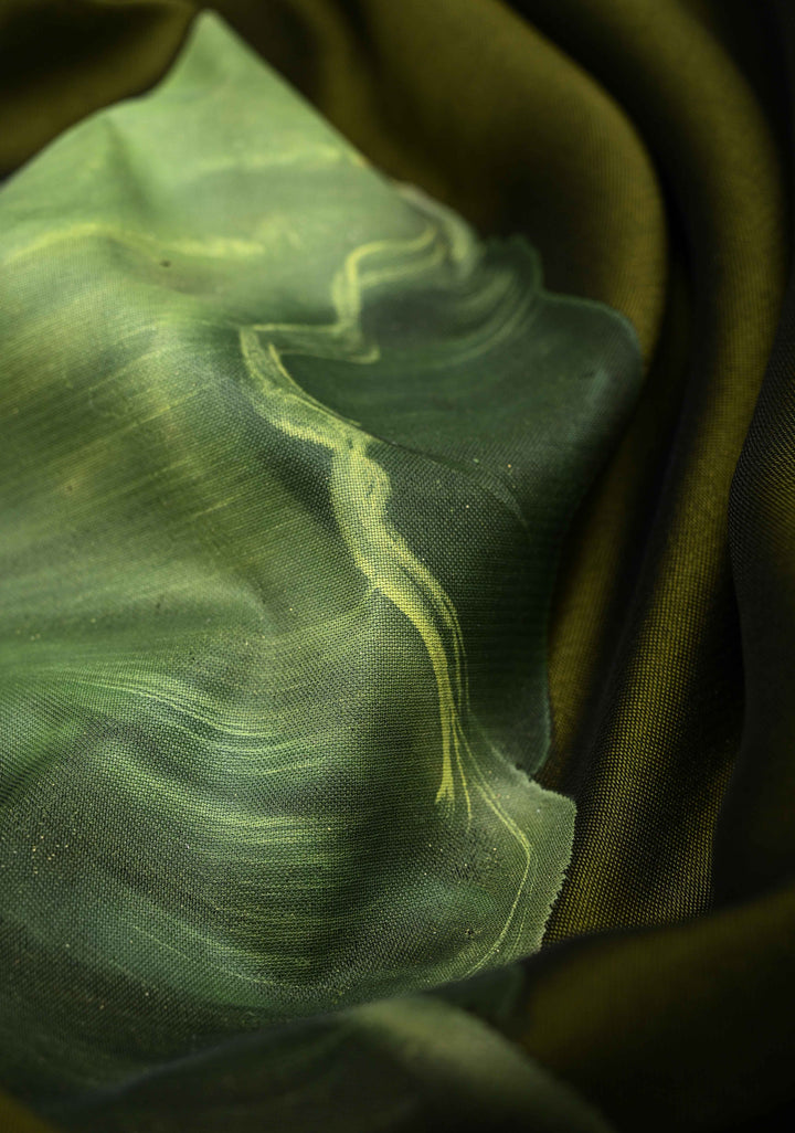 Olive Green Shimmer Organza  Saree with Blooming Lotus Handpainting