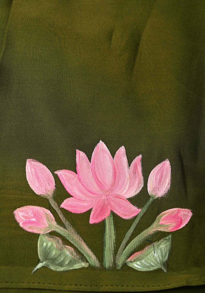 Olive Green Shimmer Organza  Saree with Blooming Lotus Handpainting