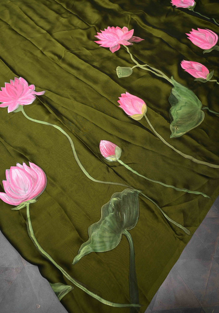 Olive Green Shimmer Organza  Saree with Blooming Lotus Handpainting