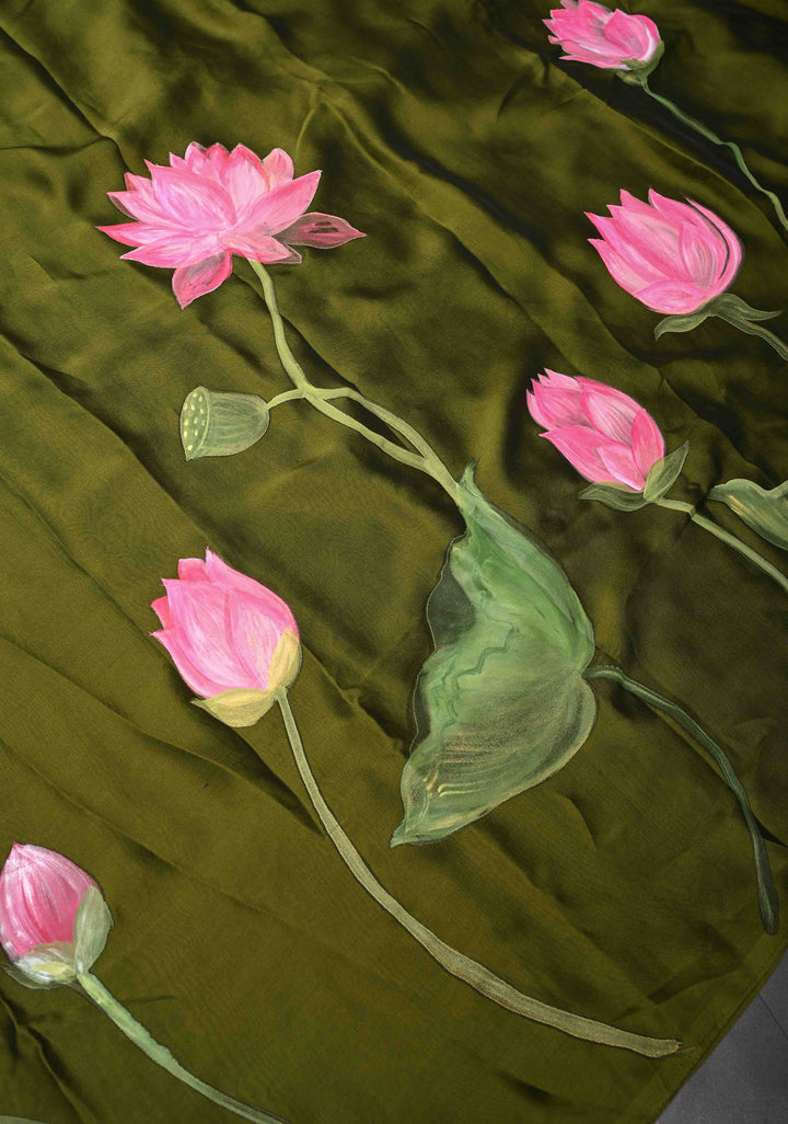 Olive Green Shimmer Organza  Saree with Blooming Lotus Handpainting