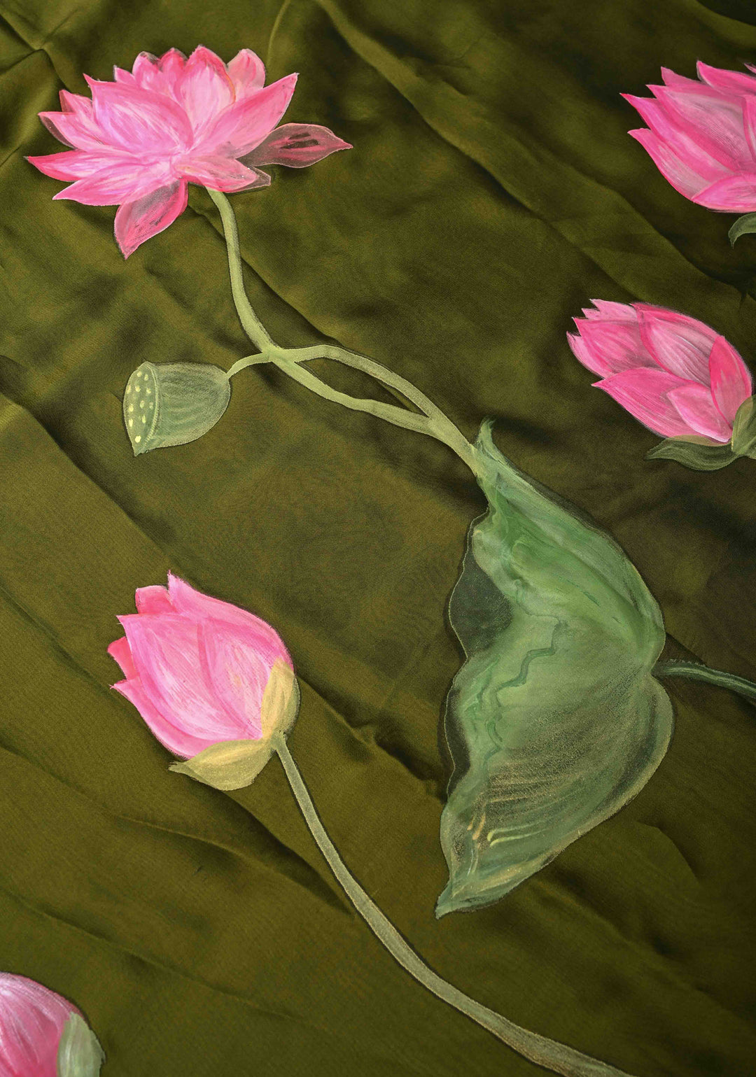 Olive Green Shimmer Organza  Saree with Blooming Lotus Handpainting