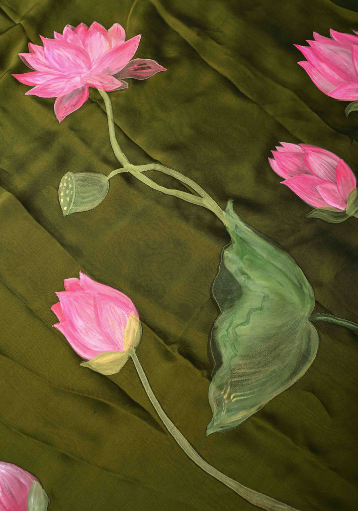Olive Green Shimmer Organza  Saree with Blooming Lotus Handpainting