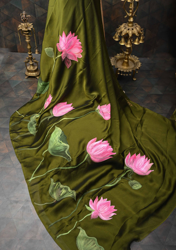 Olive Green Shimmer Organza  Saree with Blooming Lotus Handpainting