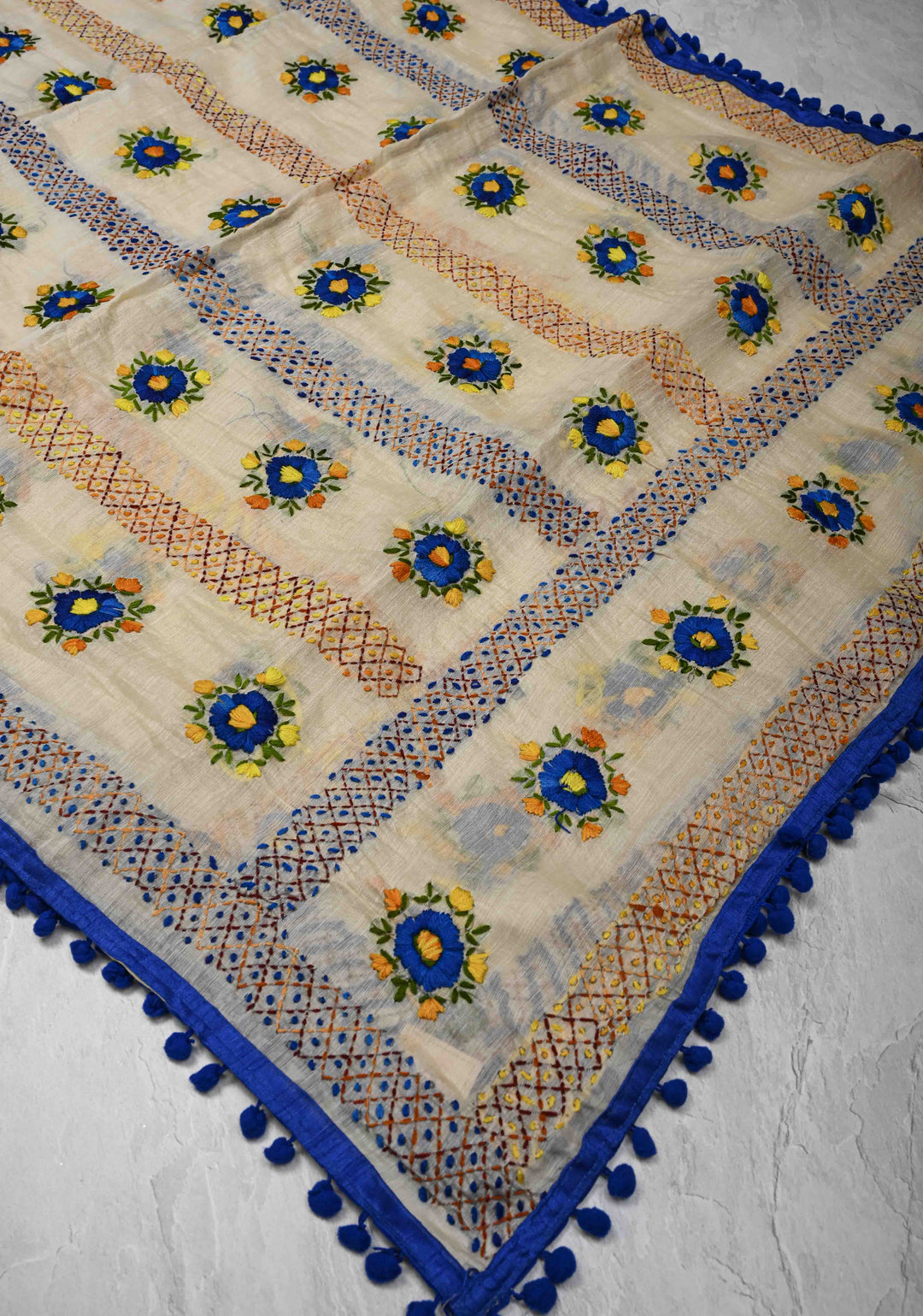 Dupatta: Authentic Beige Chanderi Cotton Dupatta with Hand work Embroidery