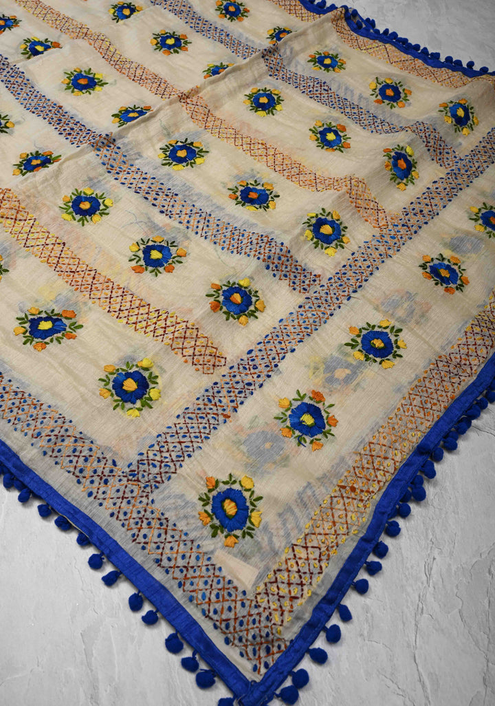 Dupatta: Authentic Beige Chanderi Cotton Dupatta with Hand work Embroidery
