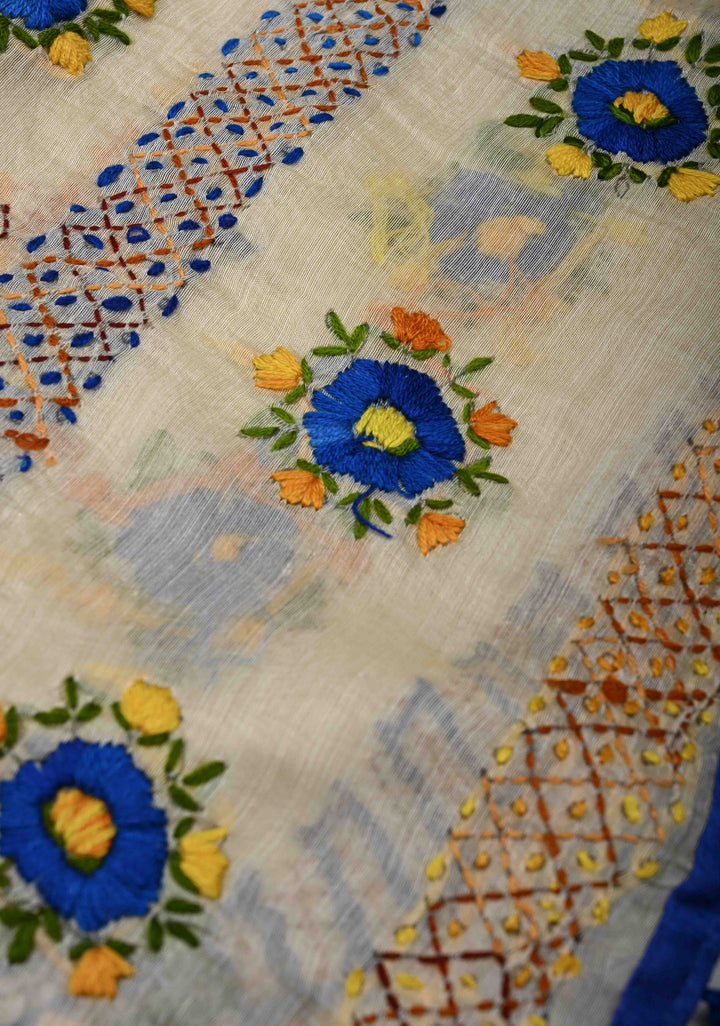 Dupatta: Authentic Beige Chanderi Cotton Dupatta with Hand work Embroidery