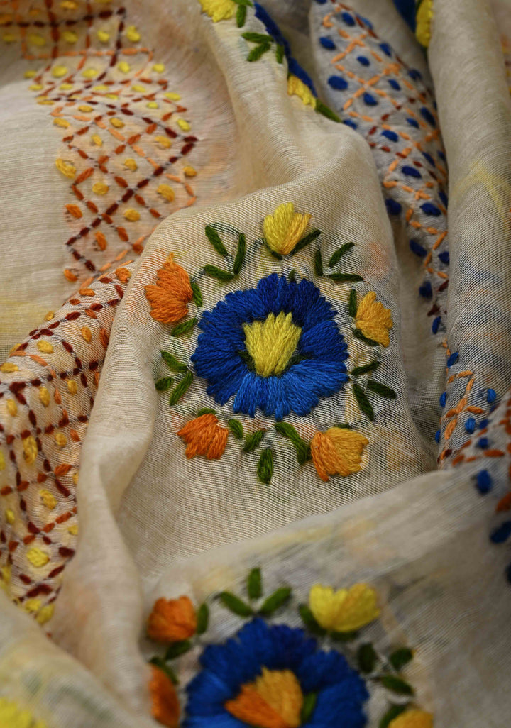 Dupatta: Authentic Beige Chanderi Cotton Dupatta with Hand work Embroidery