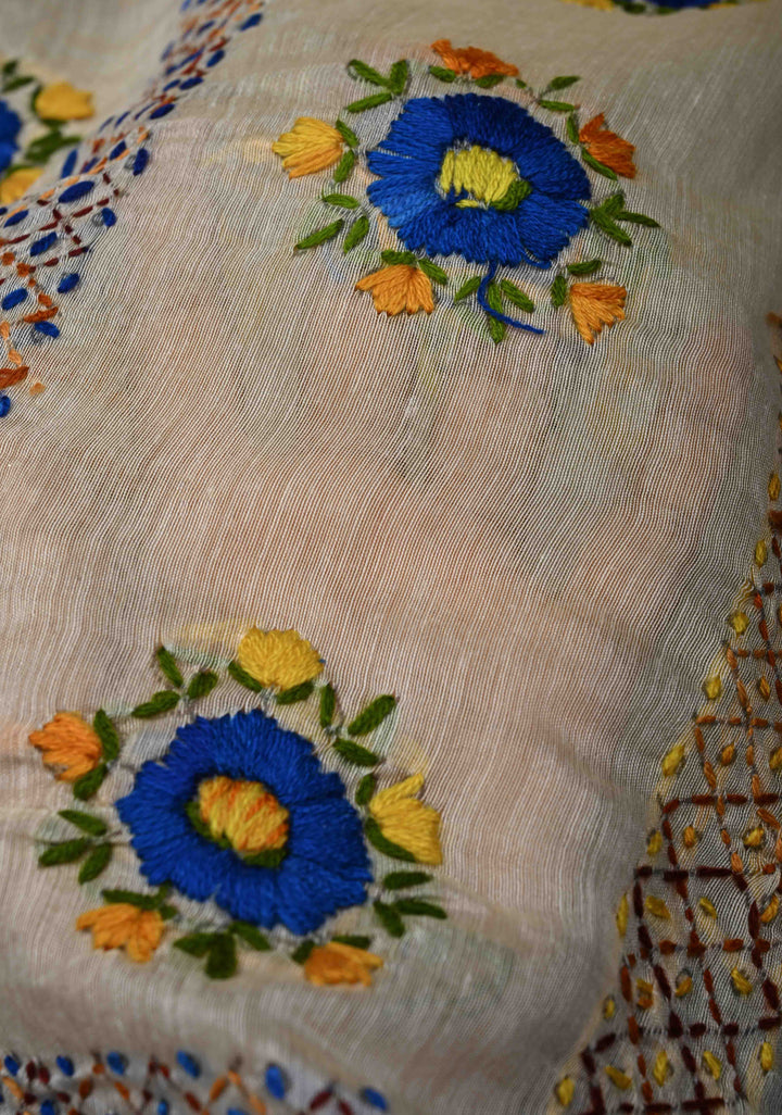 Dupatta: Authentic Beige Chanderi Cotton Dupatta with Hand work Embroidery