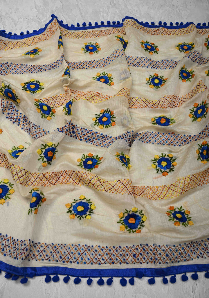 Dupatta: Authentic Beige Chanderi Cotton Dupatta with Hand work Embroidery
