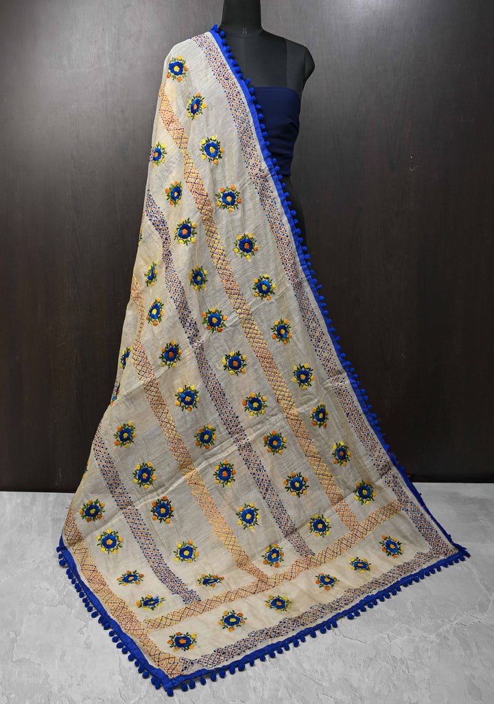 Dupatta: Authentic Beige Chanderi Cotton Dupatta with Hand work Embroidery