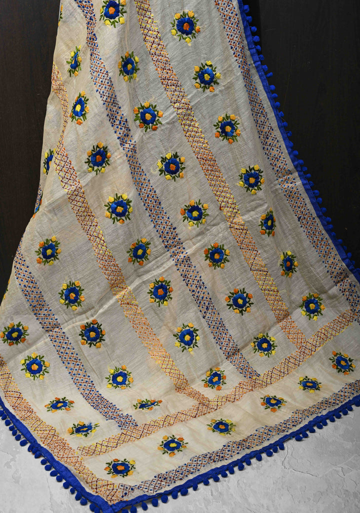 Dupatta: Authentic Beige Chanderi Cotton Dupatta with Hand work Embroidery