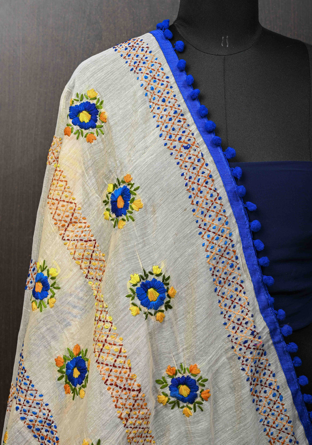Dupatta: Authentic Beige Chanderi Cotton Dupatta with Hand work Embroidery
