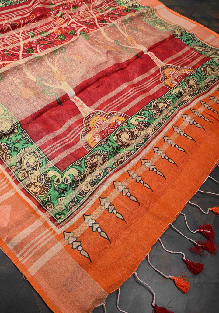 Kalamkari Digital Print on Linen Saree in Red with Panel Design and Muted Zari Border