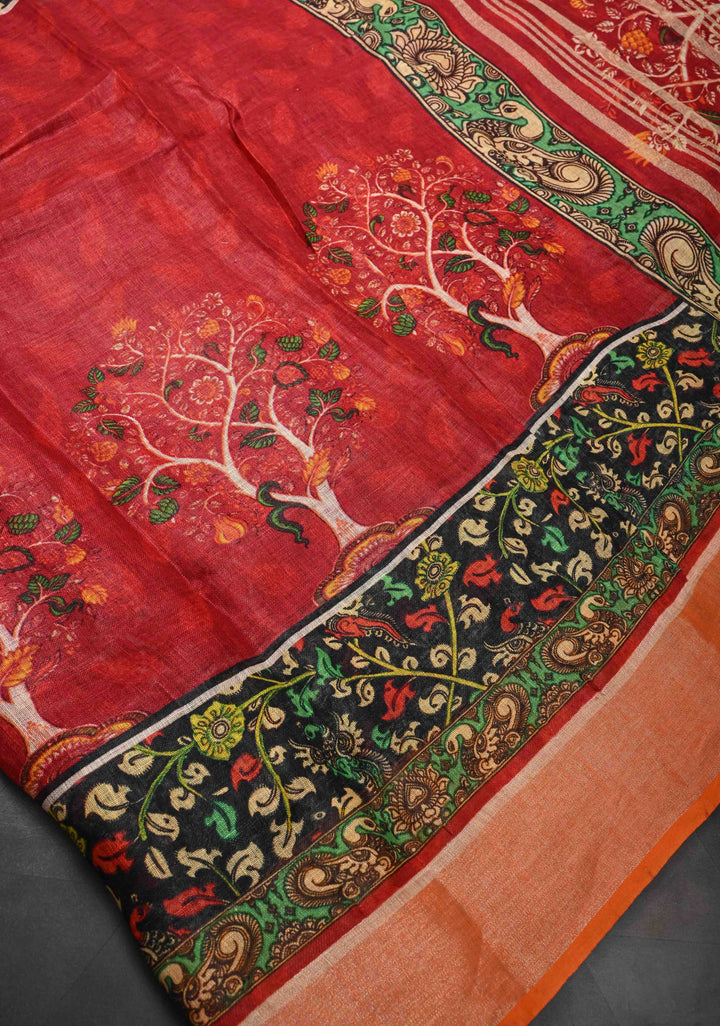 Kalamkari Digital Print on Linen Saree in Red with Panel Design and Muted Zari Border