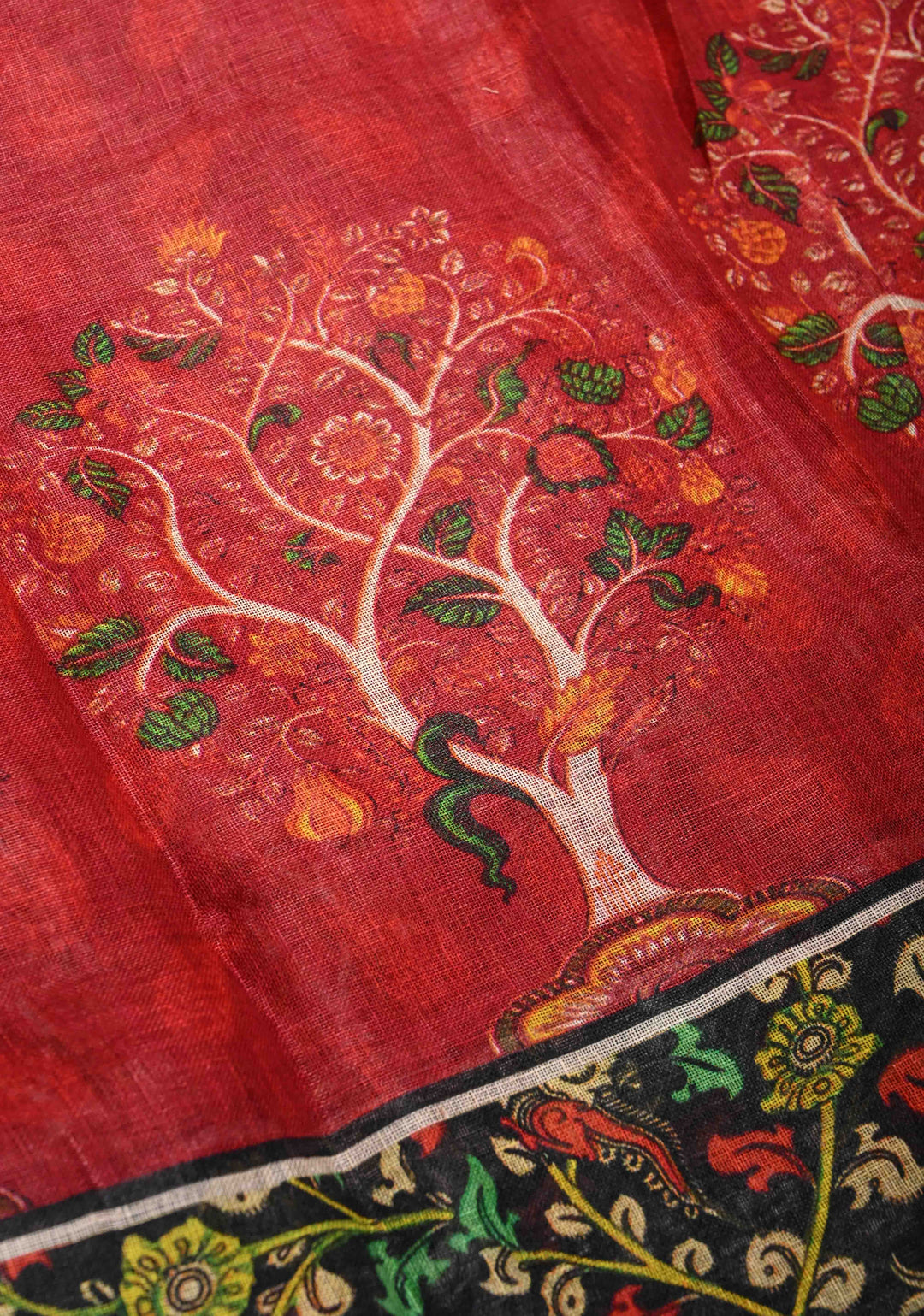 Kalamkari Digital Print on Linen Saree in Red with Panel Design and Muted Zari Border