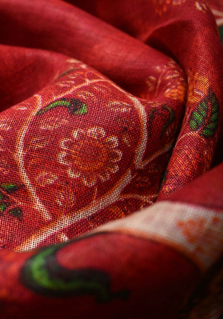 Kalamkari Digital Print on Linen Saree in Red with Panel Design and Muted Zari Border