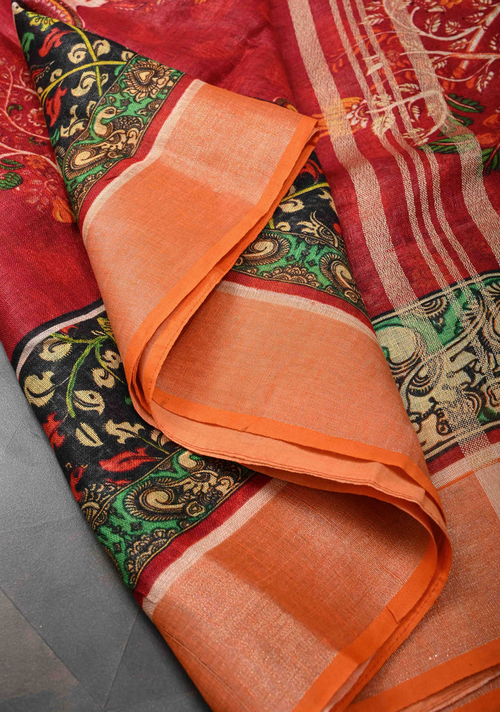 Kalamkari Digital Print on Linen Saree in Red with Panel Design and Muted Zari Border