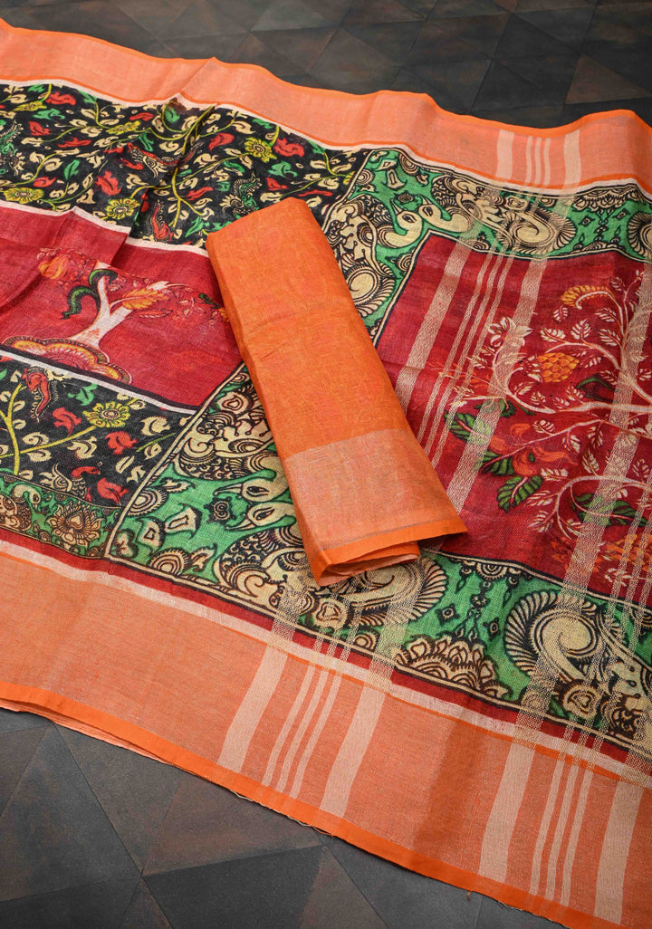 Kalamkari Digital Print on Linen Saree in Red with Panel Design and Muted Zari Border