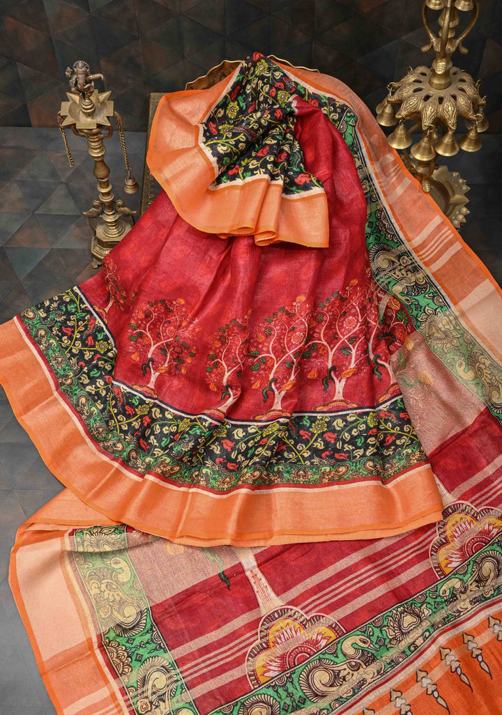 Kalamkari Digital Print on Linen Saree in Red with Panel Design and Muted Zari Border