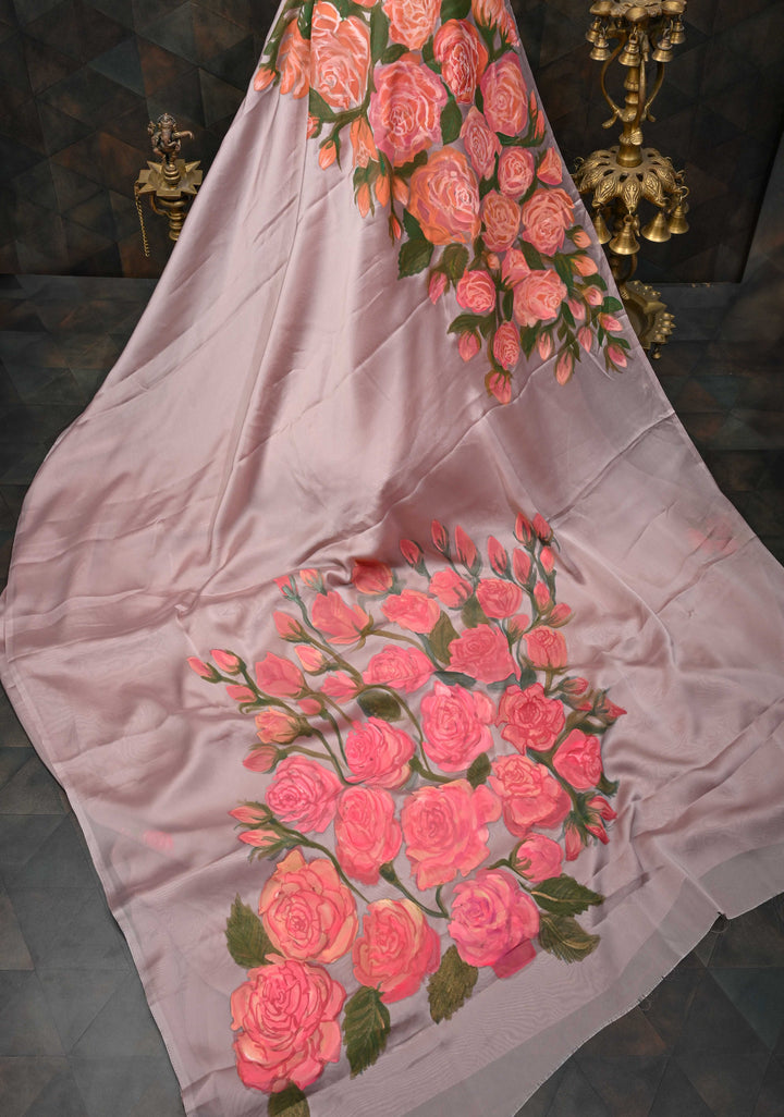Mauve Shimmer Organza Saree with Hand-Painted Blooming Rose Cascade