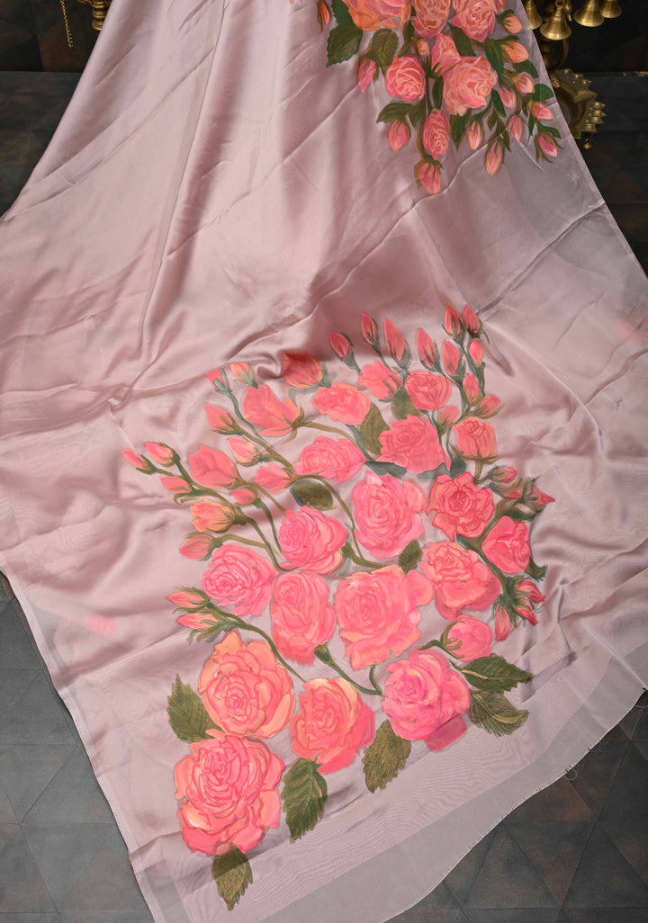 Mauve Shimmer Organza Saree with Hand-Painted Blooming Rose Cascade