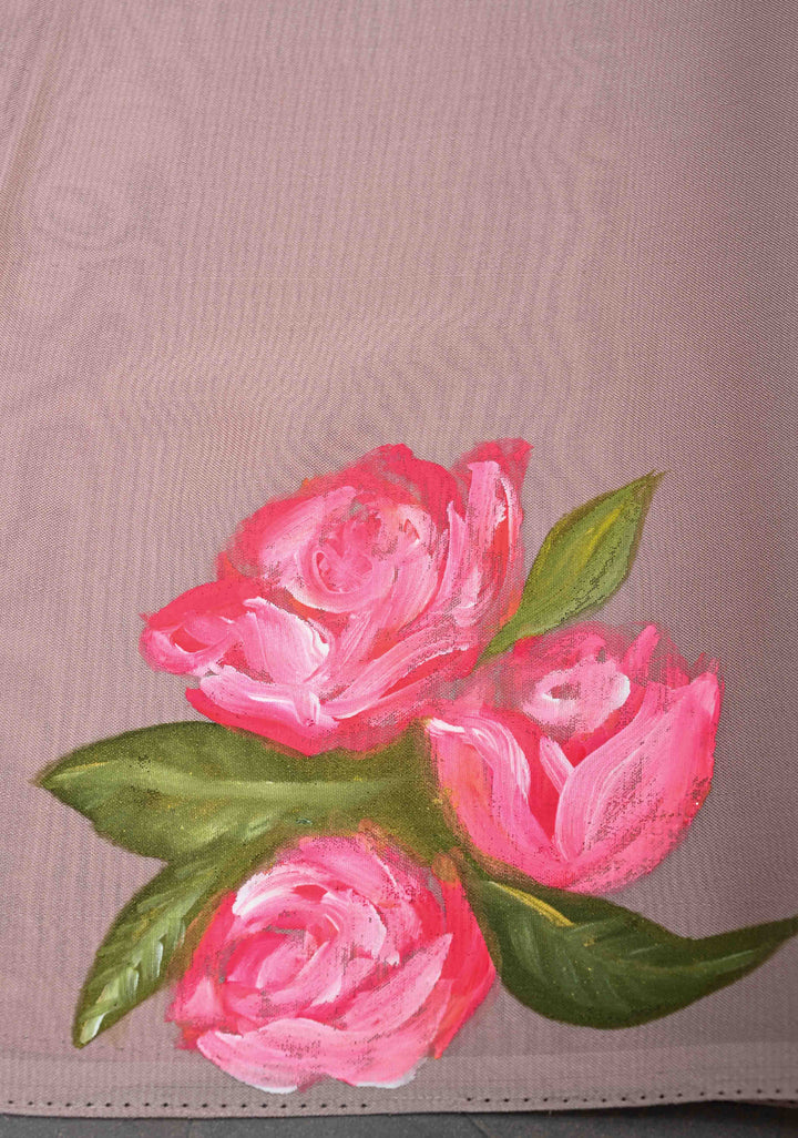 Mauve Shimmer Organza Saree with Hand-Painted Blooming Rose Cascade