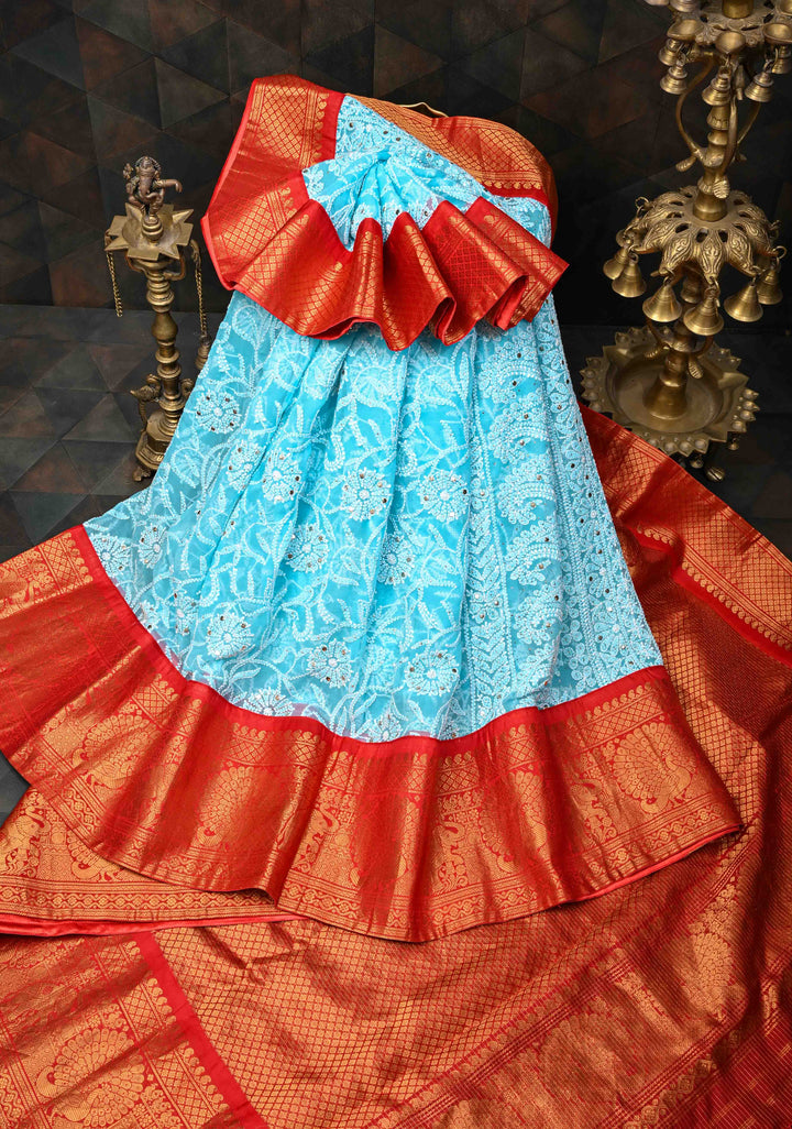 Stunning Light Blue Fusion Saree with Full Jaal Hand Chikankari, Mukeish work with Pure Silk Kanjivaram Zari Borders and Grand Pallu