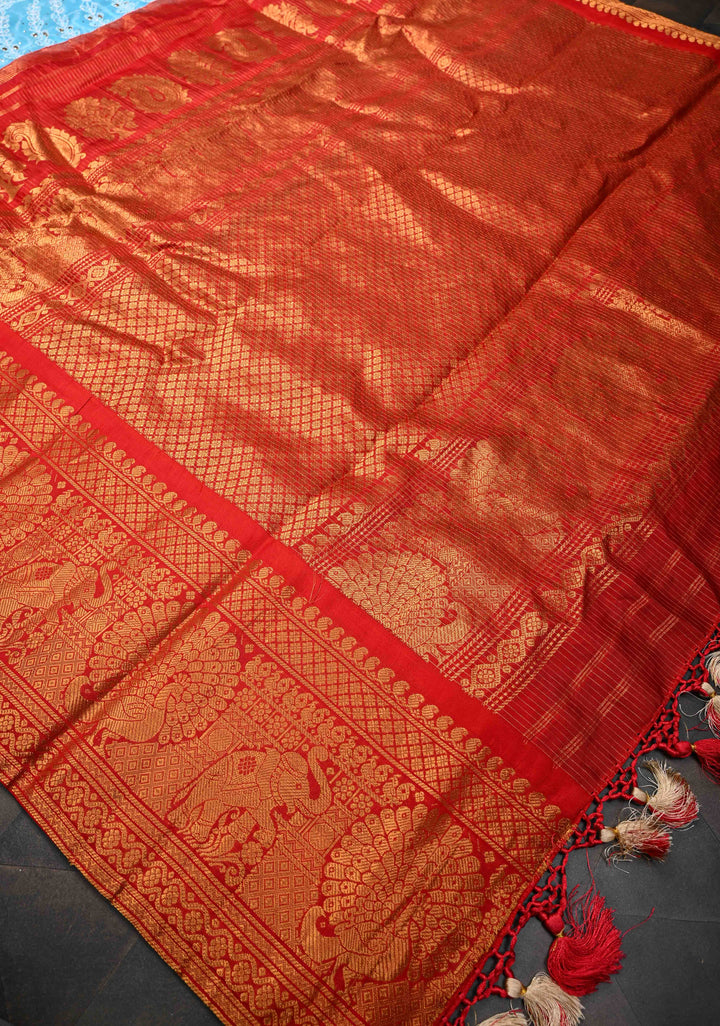 Stunning Light Blue Fusion Saree with Full Jaal Hand Chikankari, Mukeish work with Pure Silk Kanjivaram Zari Borders and Grand Pallu