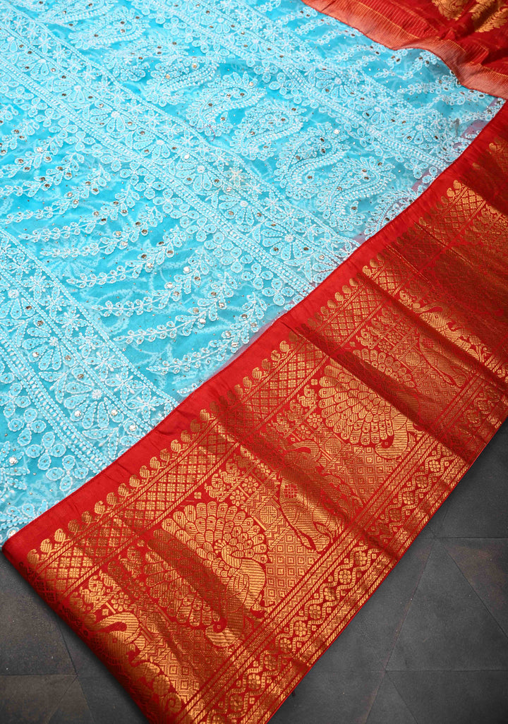 Stunning Light Blue Fusion Saree with Full Jaal Hand Chikankari, Mukeish work with Pure Silk Kanjivaram Zari Borders and Grand Pallu