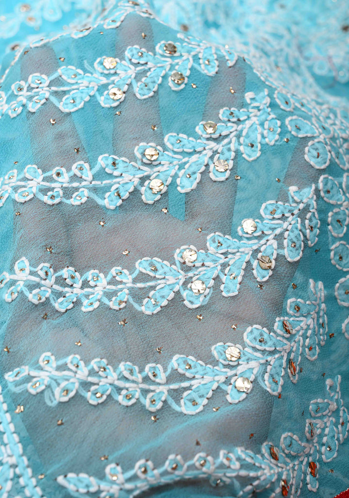 Stunning Light Blue Fusion Saree with Full Jaal Hand Chikankari, Mukeish work with Pure Silk Kanjivaram Zari Borders and Grand Pallu