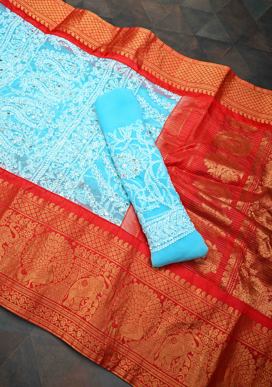 Stunning Light Blue Fusion Saree with Full Jaal Hand Chikankari, Mukeish work with Pure Silk Kanjivaram Zari Borders and Grand Pallu