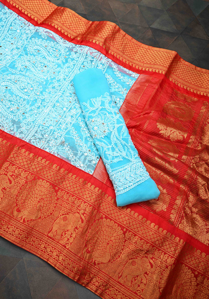Stunning Light Blue Fusion Saree with Full Jaal Hand Chikankari, Mukeish work with Pure Silk Kanjivaram Zari Borders and Grand Pallu