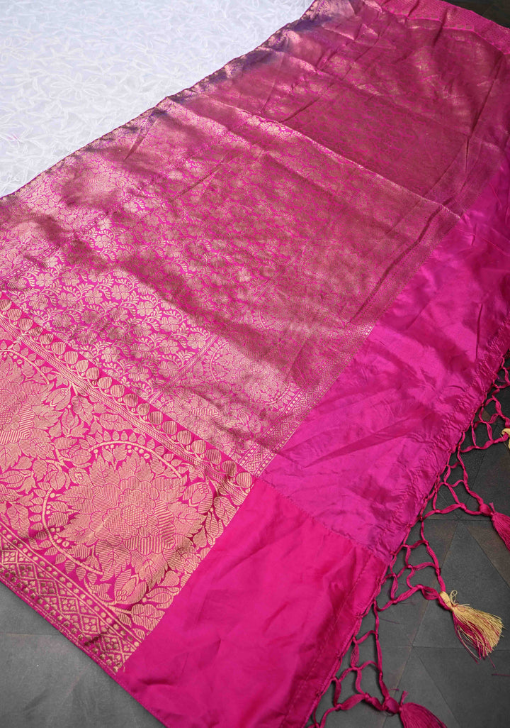 Exclusive Chikankari Tepchi  Full Jaal on Georgette Saree in White with Contrast Fusion Banarasi Katan Border