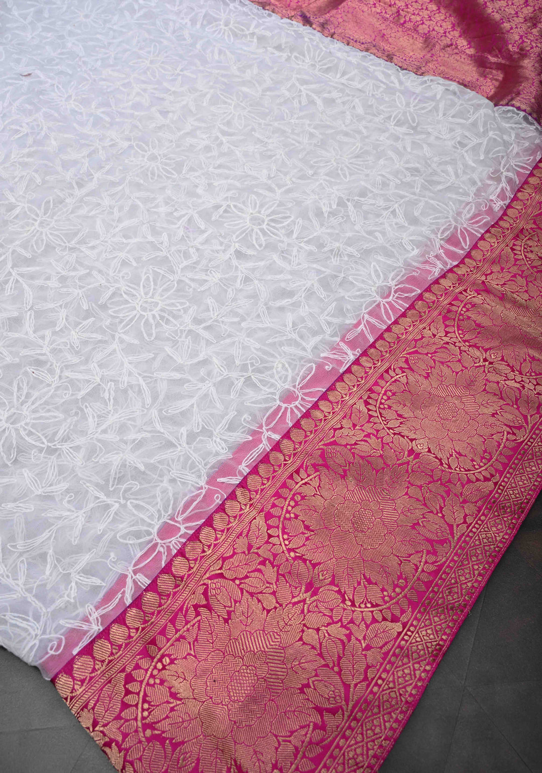 Exclusive Chikankari Tepchi  Full Jaal on Georgette Saree in White with Contrast Fusion Banarasi Katan Border