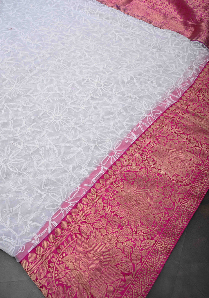 Exclusive Chikankari Tepchi  Full Jaal on Georgette Saree in White with Contrast Fusion Banarasi Katan Border