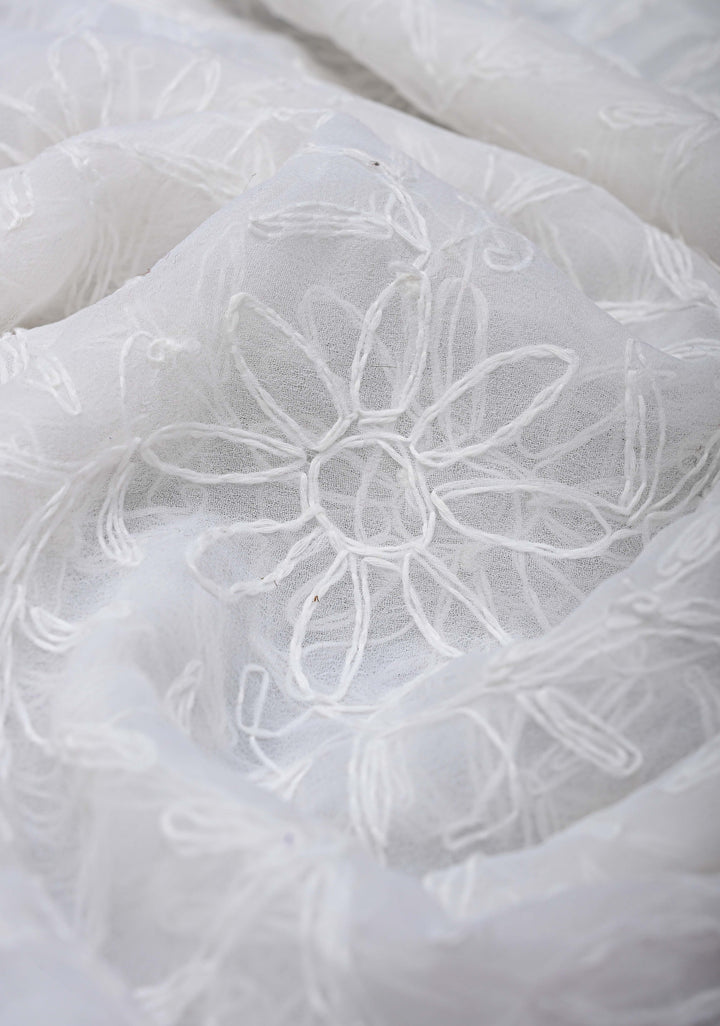 Exclusive Chikankari Tepchi  Full Jaal on Georgette Saree in White with Contrast Fusion Banarasi Katan Border
