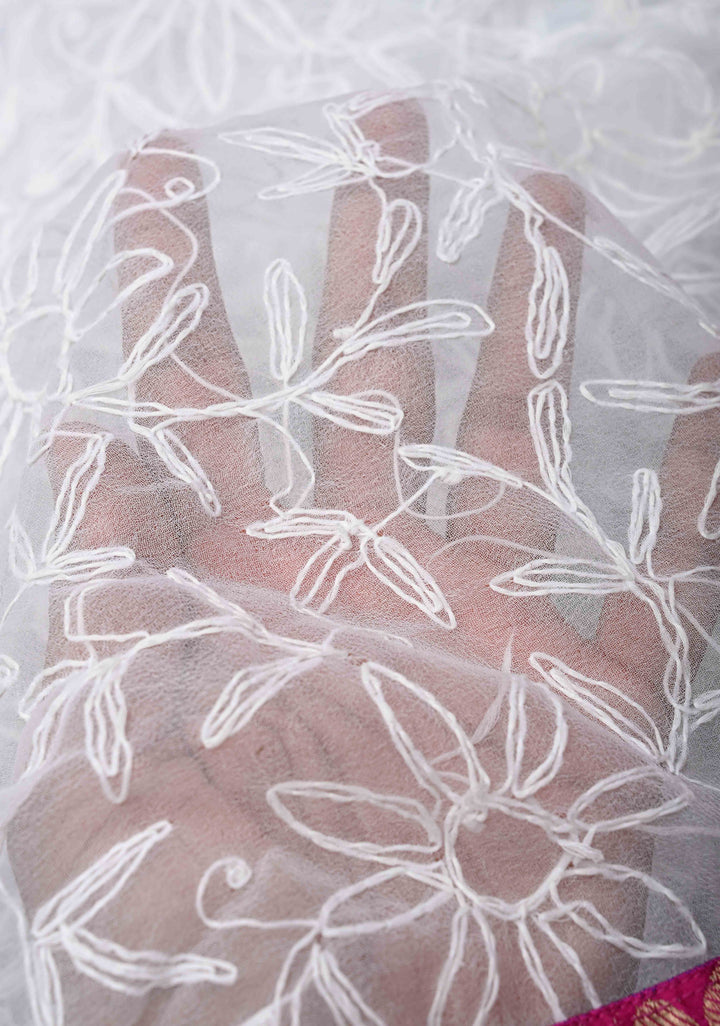 Exclusive Chikankari Tepchi  Full Jaal on Georgette Saree in White with Contrast Fusion Banarasi Katan Border
