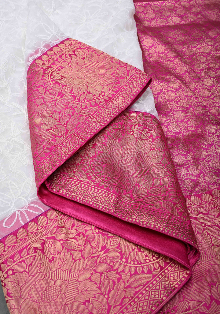 Exclusive Chikankari Tepchi  Full Jaal on Georgette Saree in White with Contrast Fusion Banarasi Katan Border