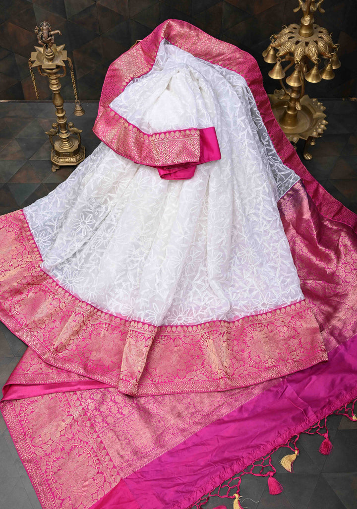 Exclusive Chikankari Tepchi  Full Jaal on Georgette Saree in White with Contrast Fusion Banarasi Katan Border