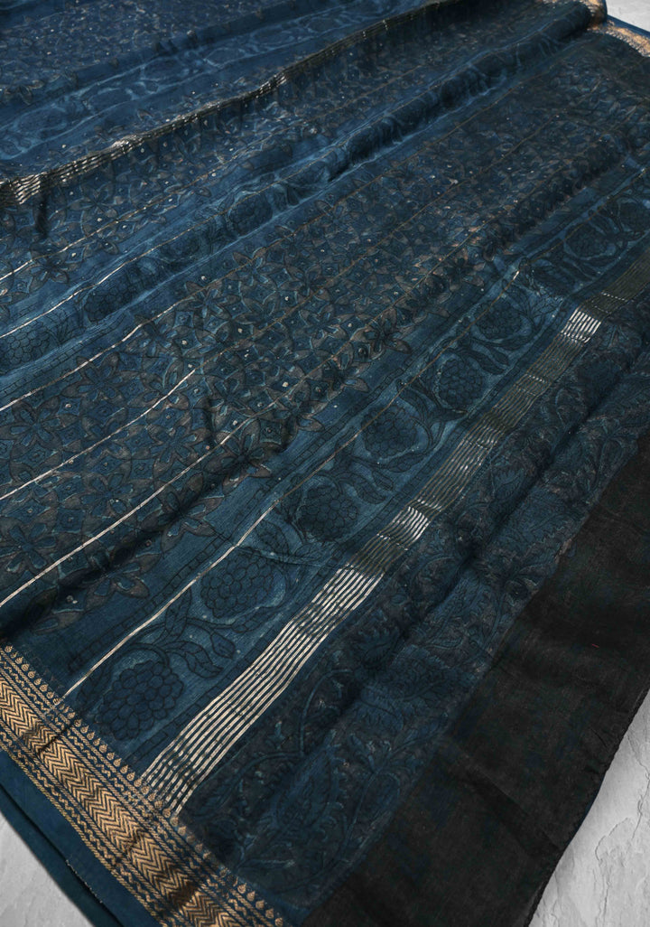 Prussian Blue Chanderi Silk Cotton Saree with Sanganeri Floral Hand Block Print and Zari Border