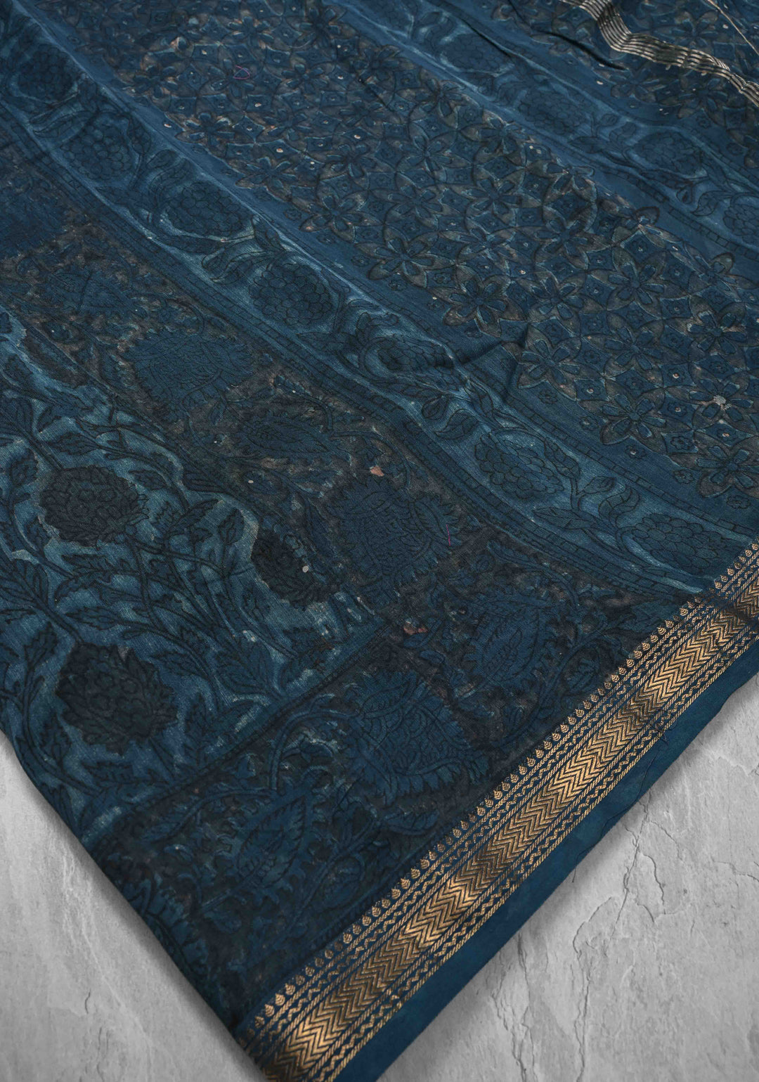 Prussian Blue Chanderi Silk Cotton Saree with Sanganeri Floral Hand Block Print and Zari Border