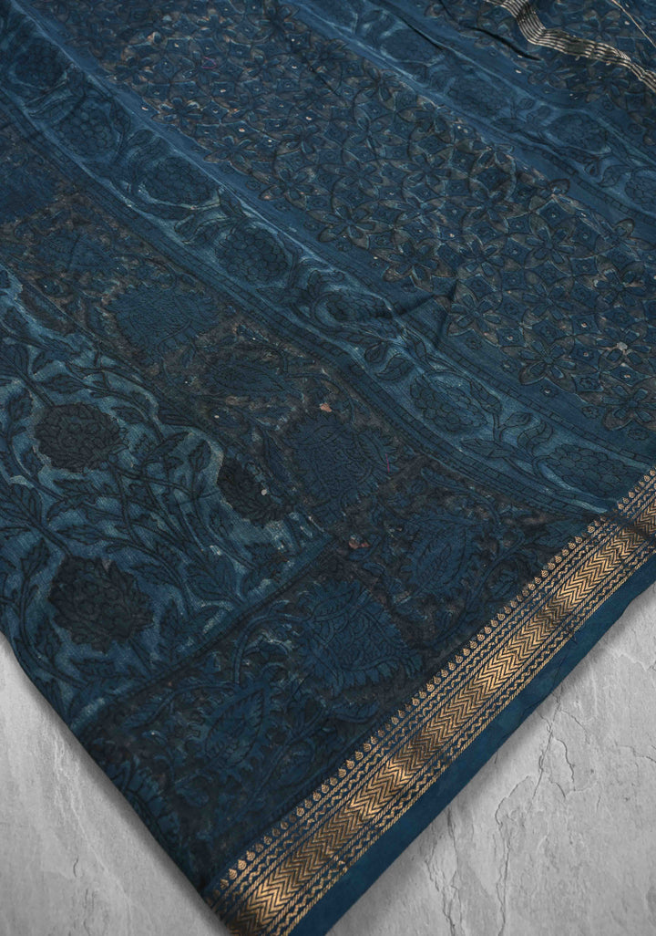 Prussian Blue Chanderi Silk Cotton Saree with Sanganeri Floral Hand Block Print and Zari Border