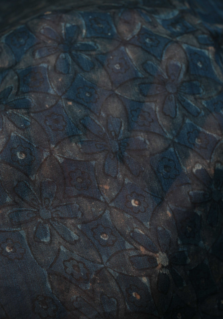 Prussian Blue Chanderi Silk Cotton Saree with Sanganeri Floral Hand Block Print and Zari Border