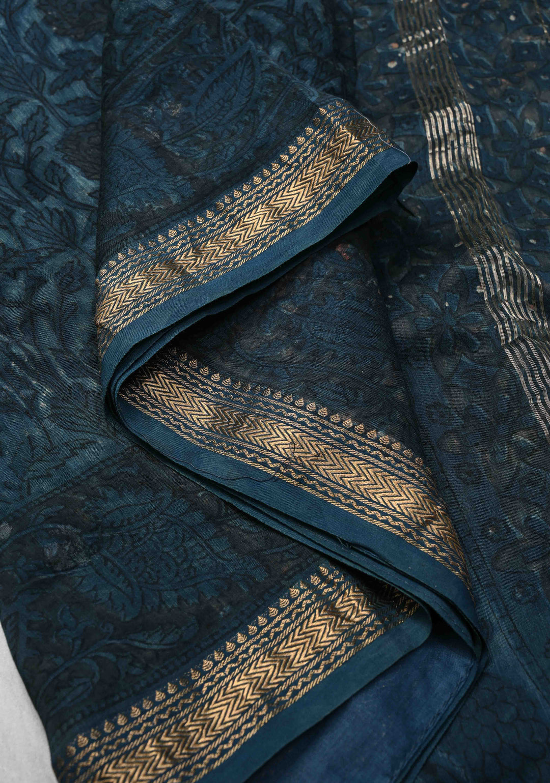 Prussian Blue Chanderi Silk Cotton Saree with Sanganeri Floral Hand Block Print and Zari Border