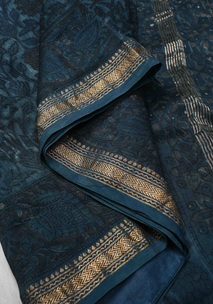 Prussian Blue Chanderi Silk Cotton Saree with Sanganeri Floral Hand Block Print and Zari Border